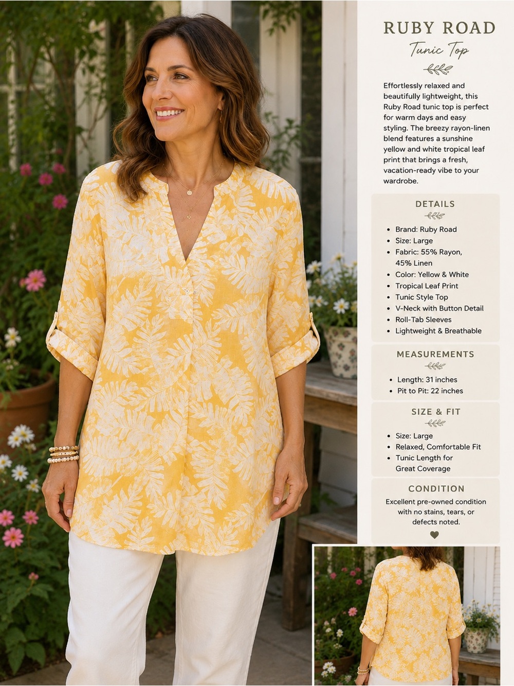 Ruby Rd. Yellow & White Tropical Leaf V-Neck Tunic